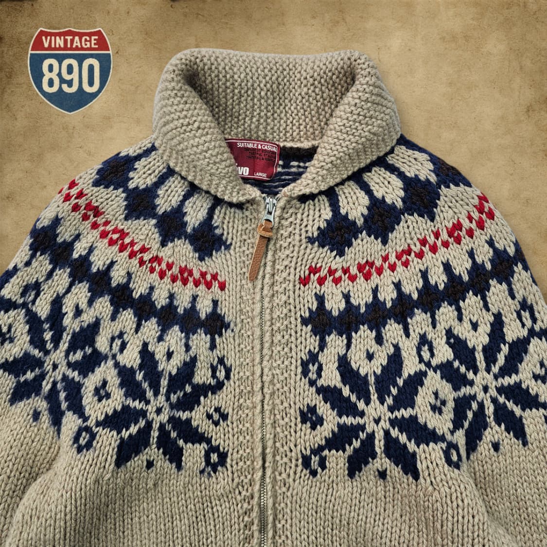 [90~95] JPN 울 페어아일 코위찬 니트 집업 스웨터 상품이미지2