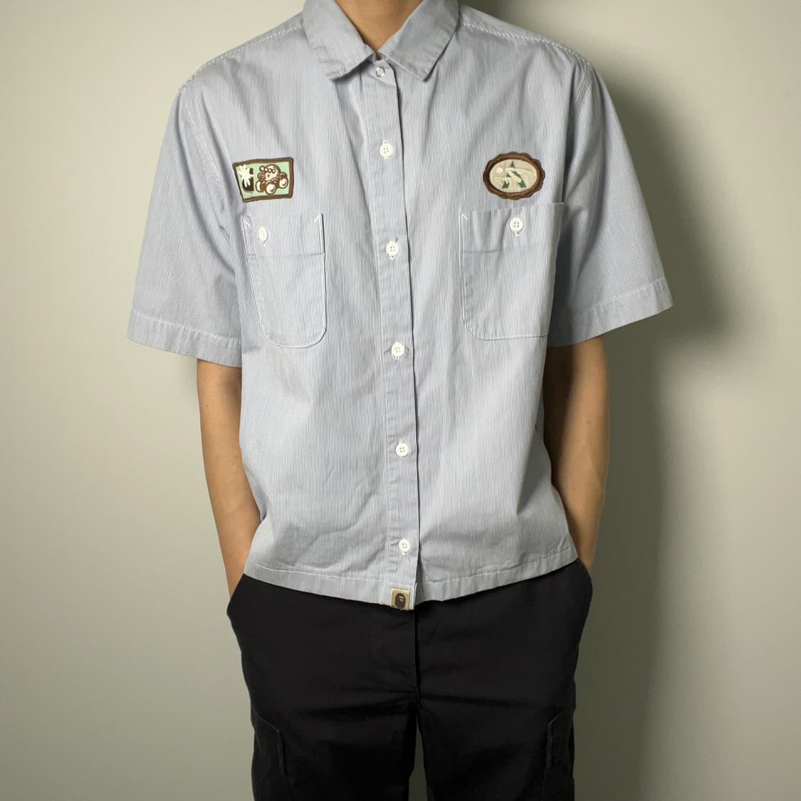 Bape 베이프 스트라이프 반팔 워크 셔츠 XL 상품이미지3