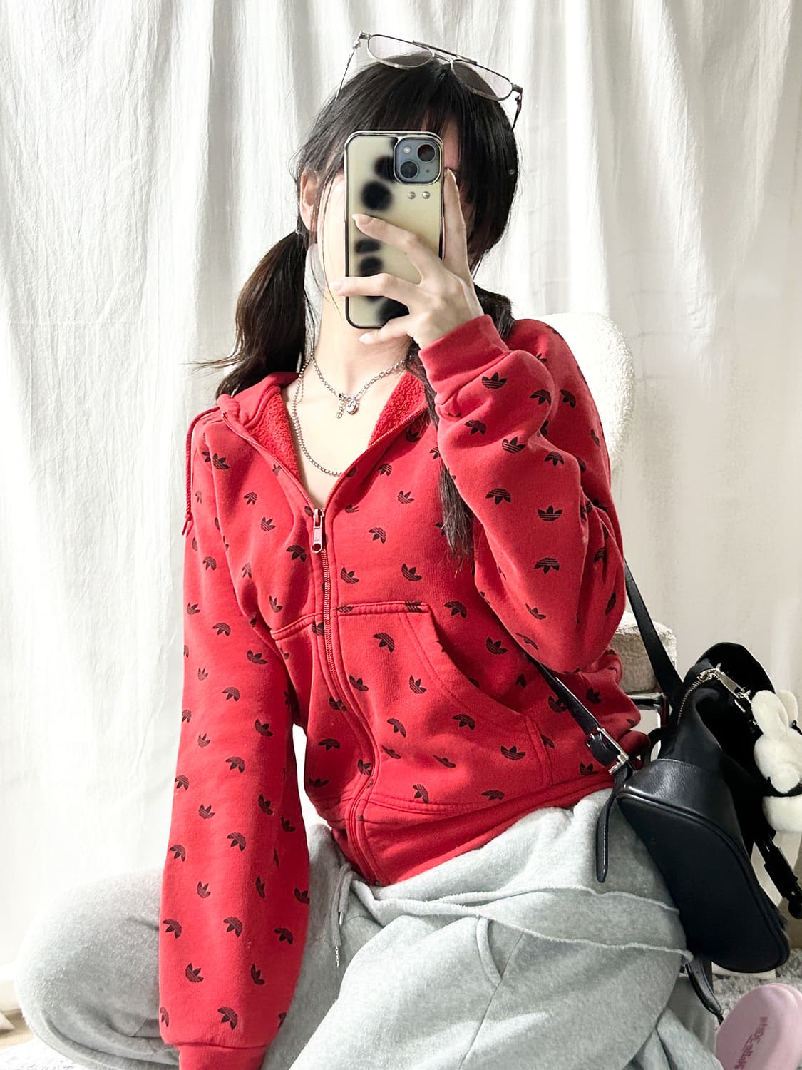 아디다스 패턴로고 레드 후드집업 상품이미지1