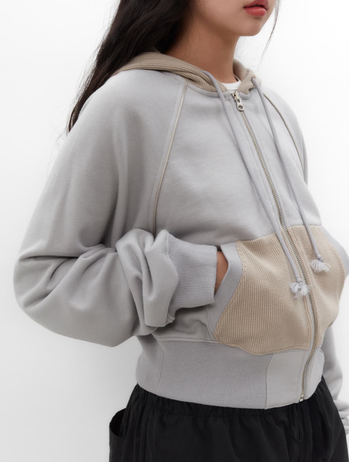 뚜오미오 WAFFLE MIXED HOOD ZIP-UP [GREY] 상품이미지2