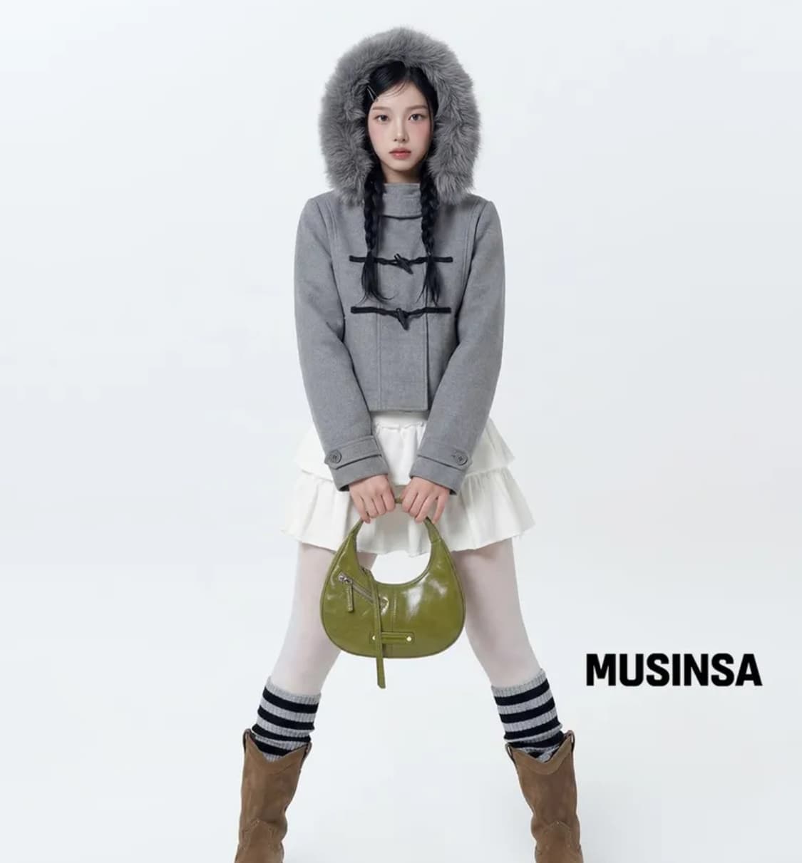 로긴앤로지 후디 퍼 하프 코트 그레이 상품이미지3