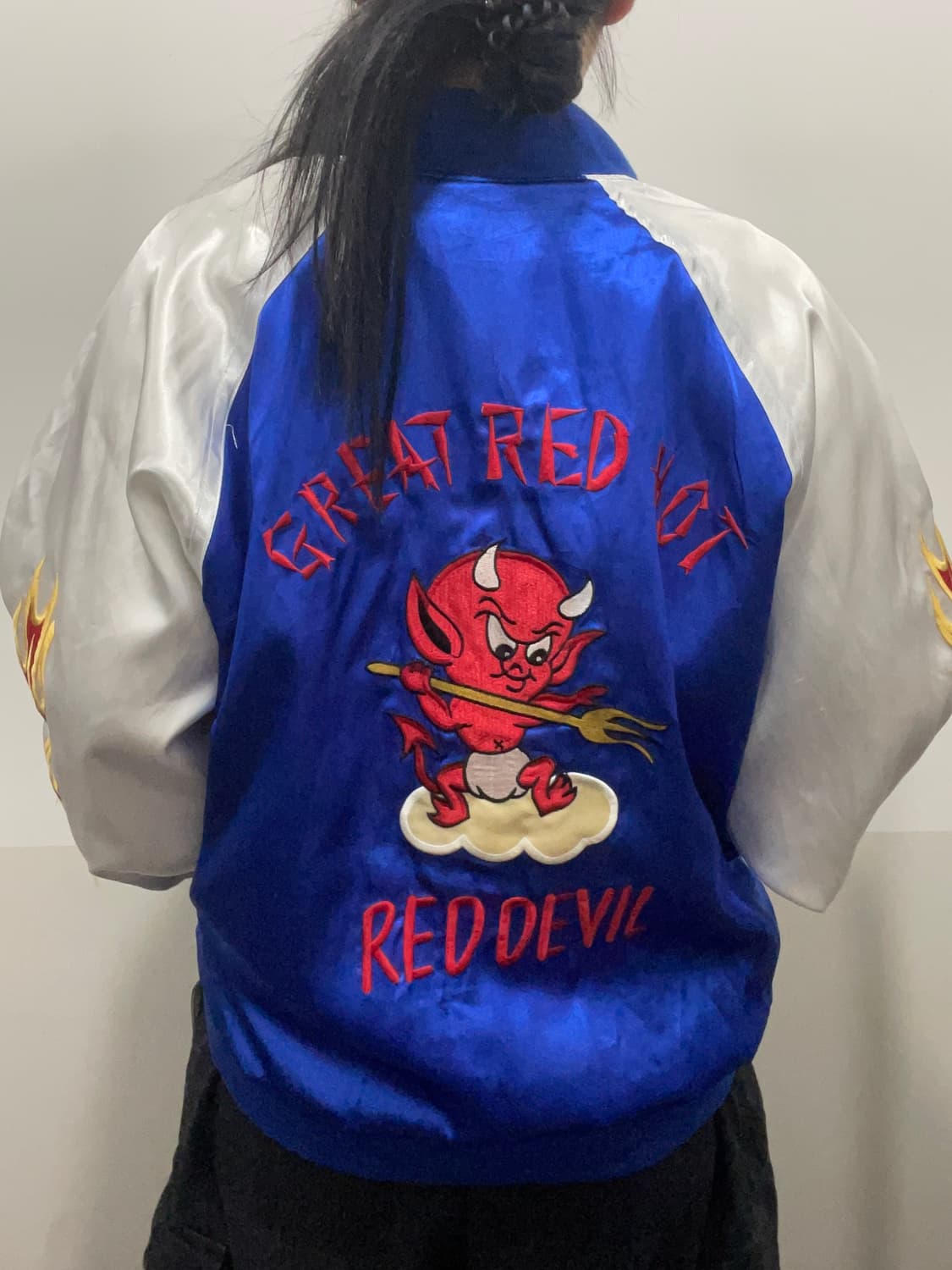 (빈티지)레드데빌 플레임 자수 새틴 스카잔 상품이미지2