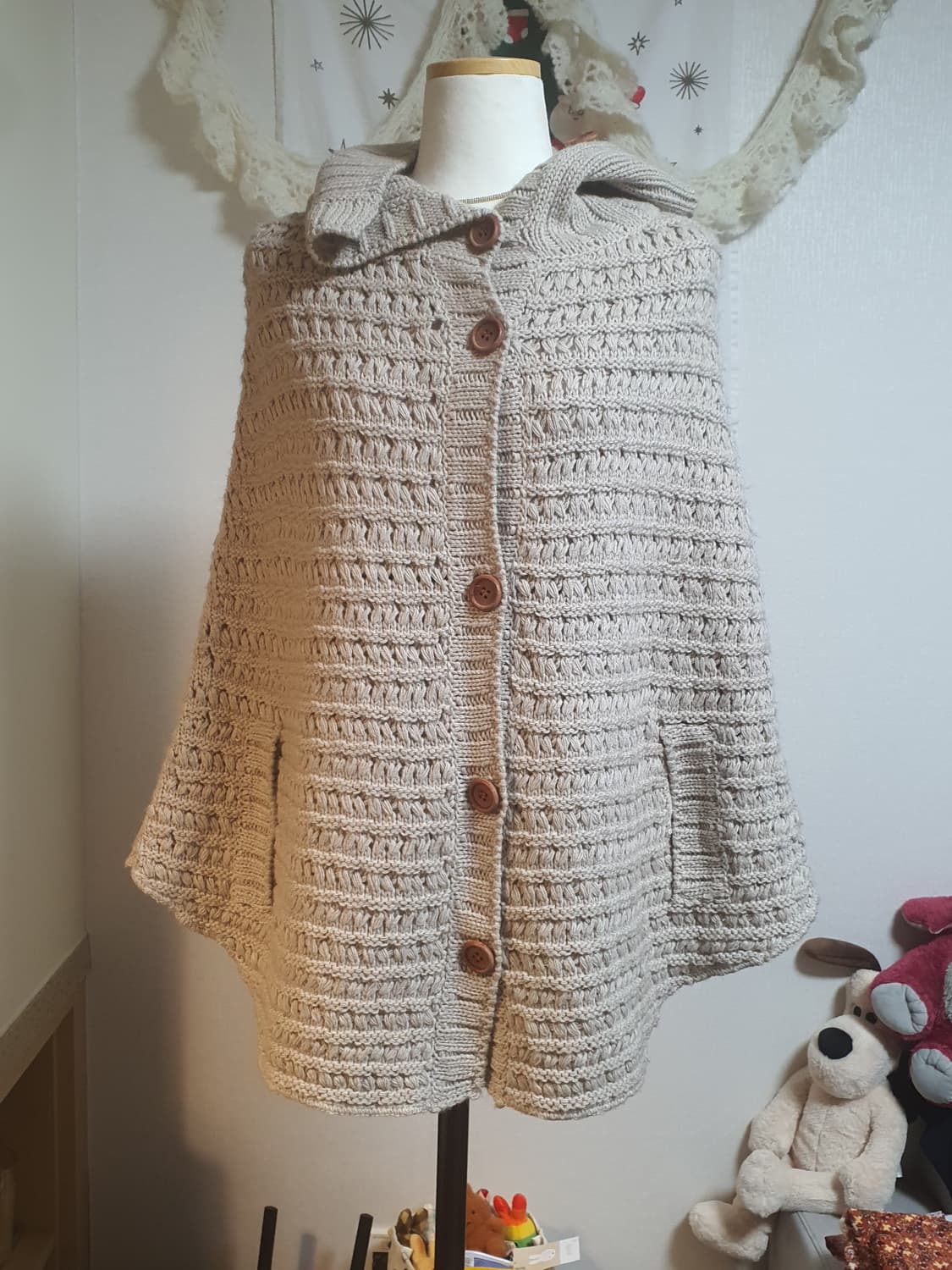 [모리걸] 니트 후드 망토 가디건 아이보리 사와코케이프 달천깔 상품이미지1