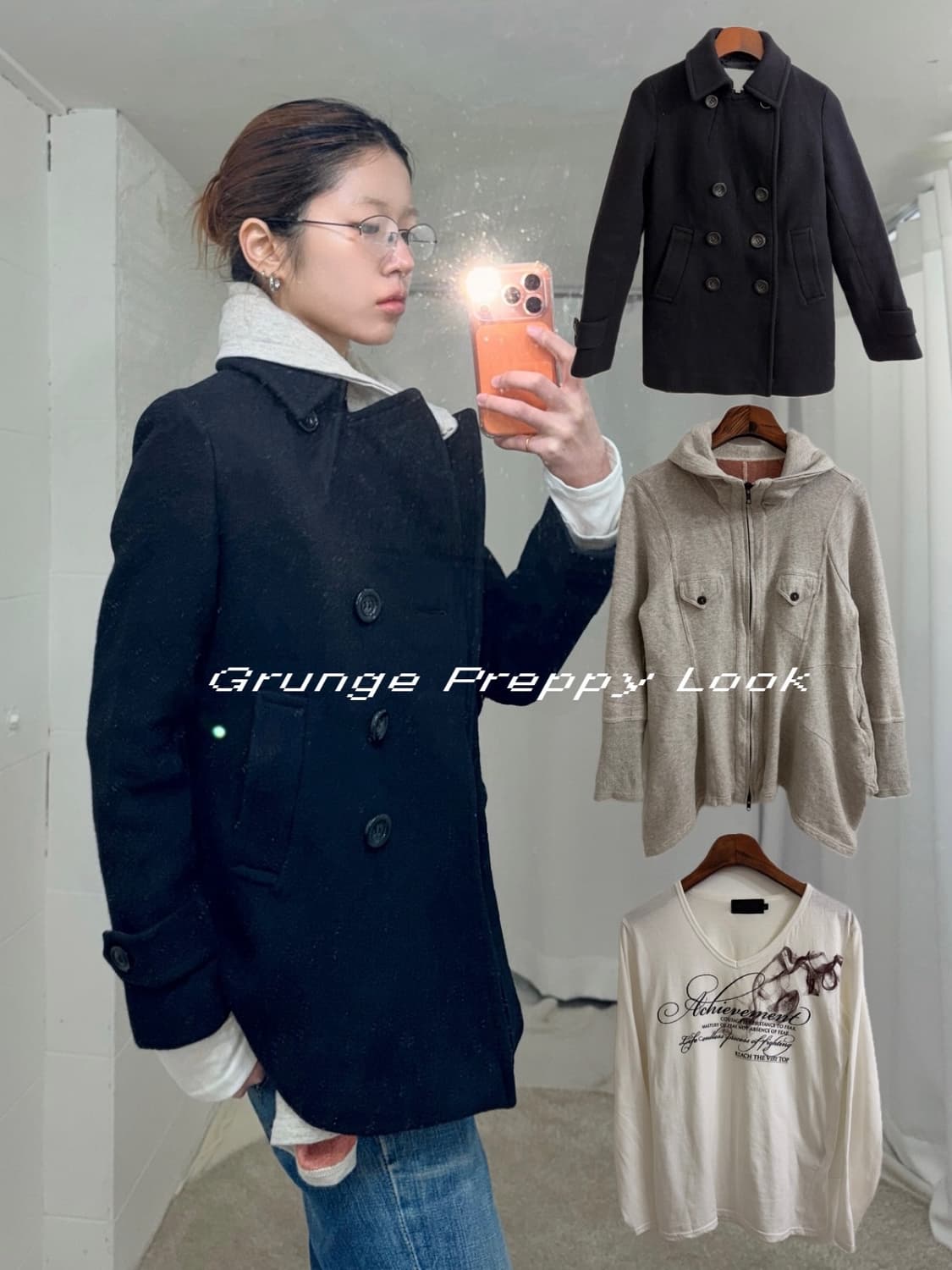 그런지 프레피 더블 코트 상의 세트 상품이미지1