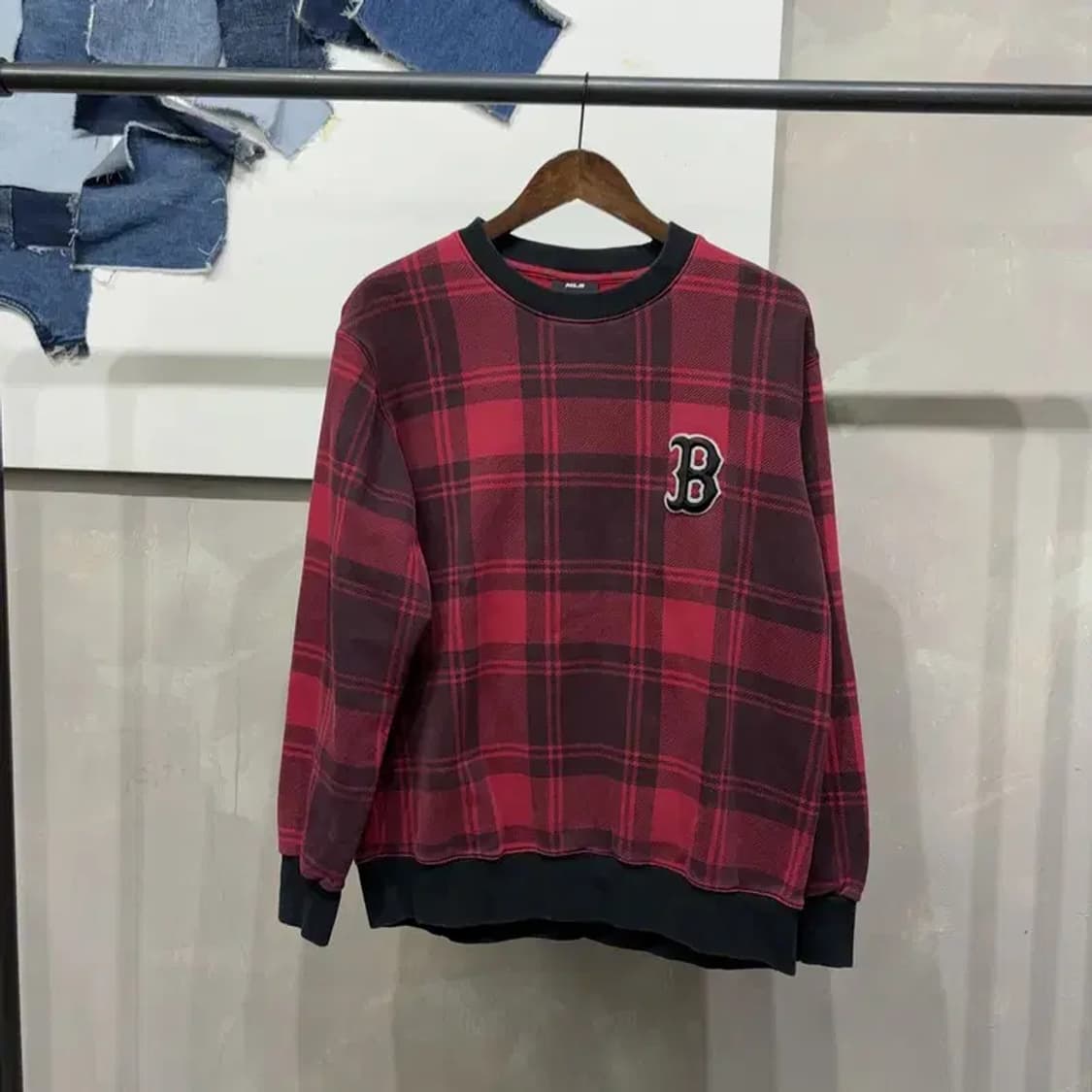(100) MLB 보스턴레드삭스 체크 맨투맨 긴팔티 상품이미지1