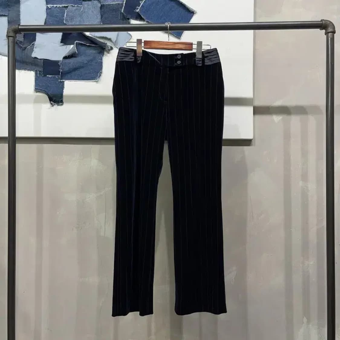 (28인치) 지오송지오 여성 캐주얼 투버튼 벨벳 스트라이프 바지 팬츠 상품이미지1