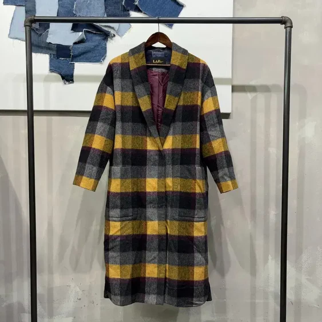 (F) 랩 여성 캐주얼 체크 울 모헤어 싱글 롱코트 상품이미지1