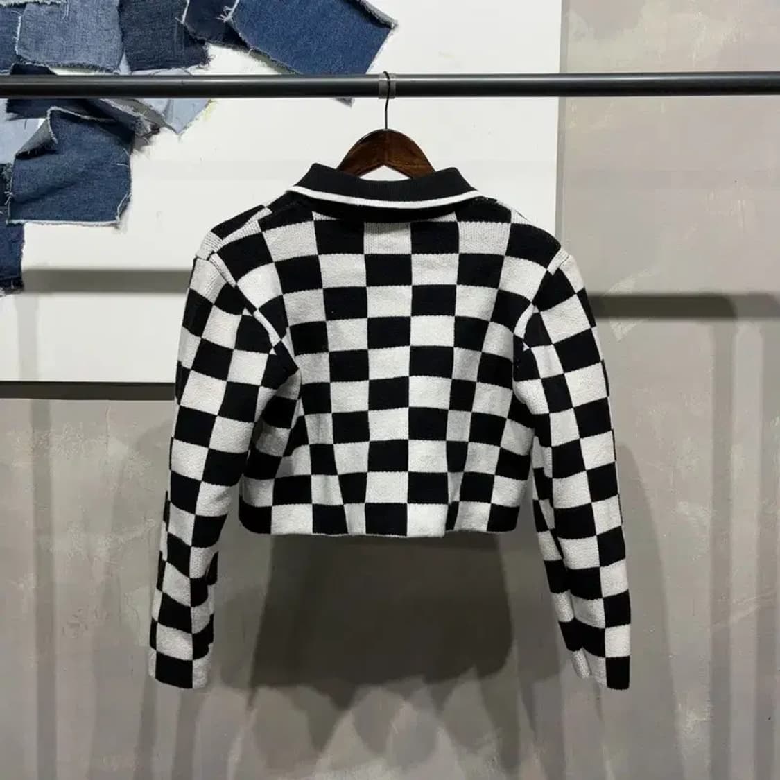 (95) 미쏘 MIXXO 여성 캐주얼 카라 체커보드 크롭 가디건 상품이미지4