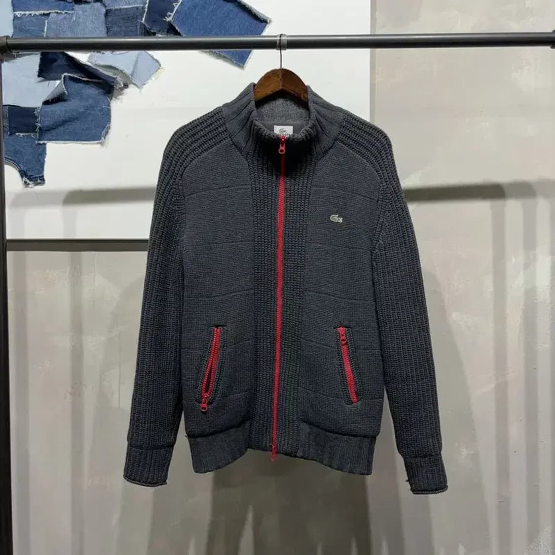 (100) 라코스테 캐주얼 자수 투웨이 기모 니트 집업 자켓 상품이미지1