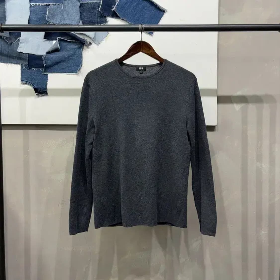 (95) 유니클로 캐주얼 그레이 울 라운드 긴팔 티 상품이미지1