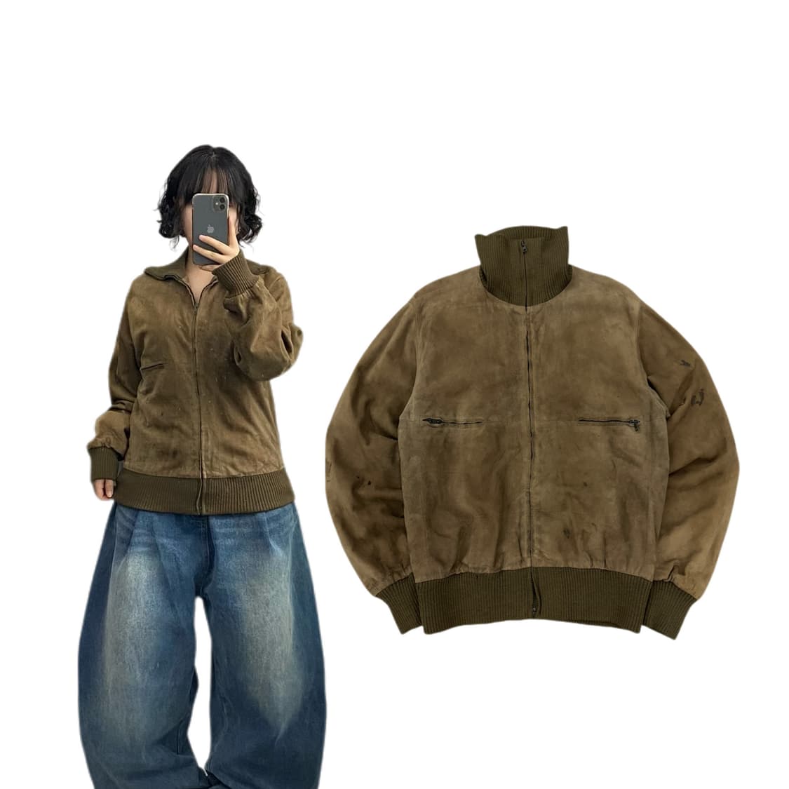 90s 빈티지 이태리 스웨이드 레더 하이넥 가죽자켓 상품이미지1