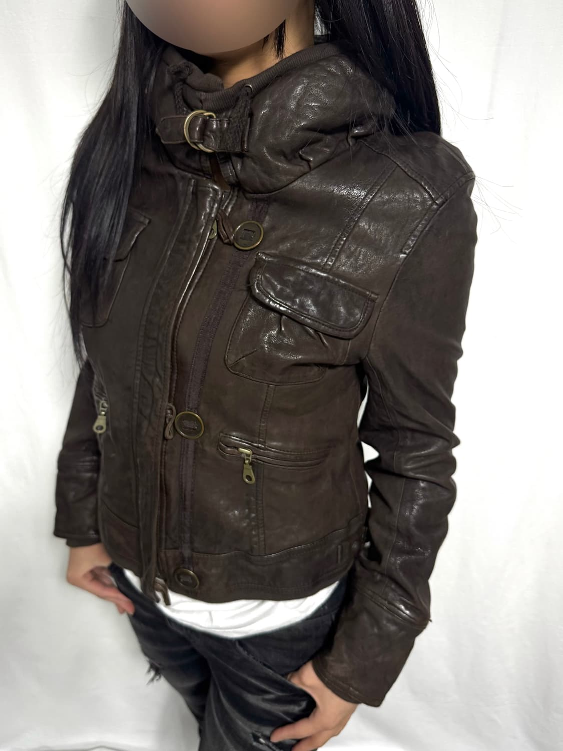 Brown high neck lamb skin jacket 상품이미지4