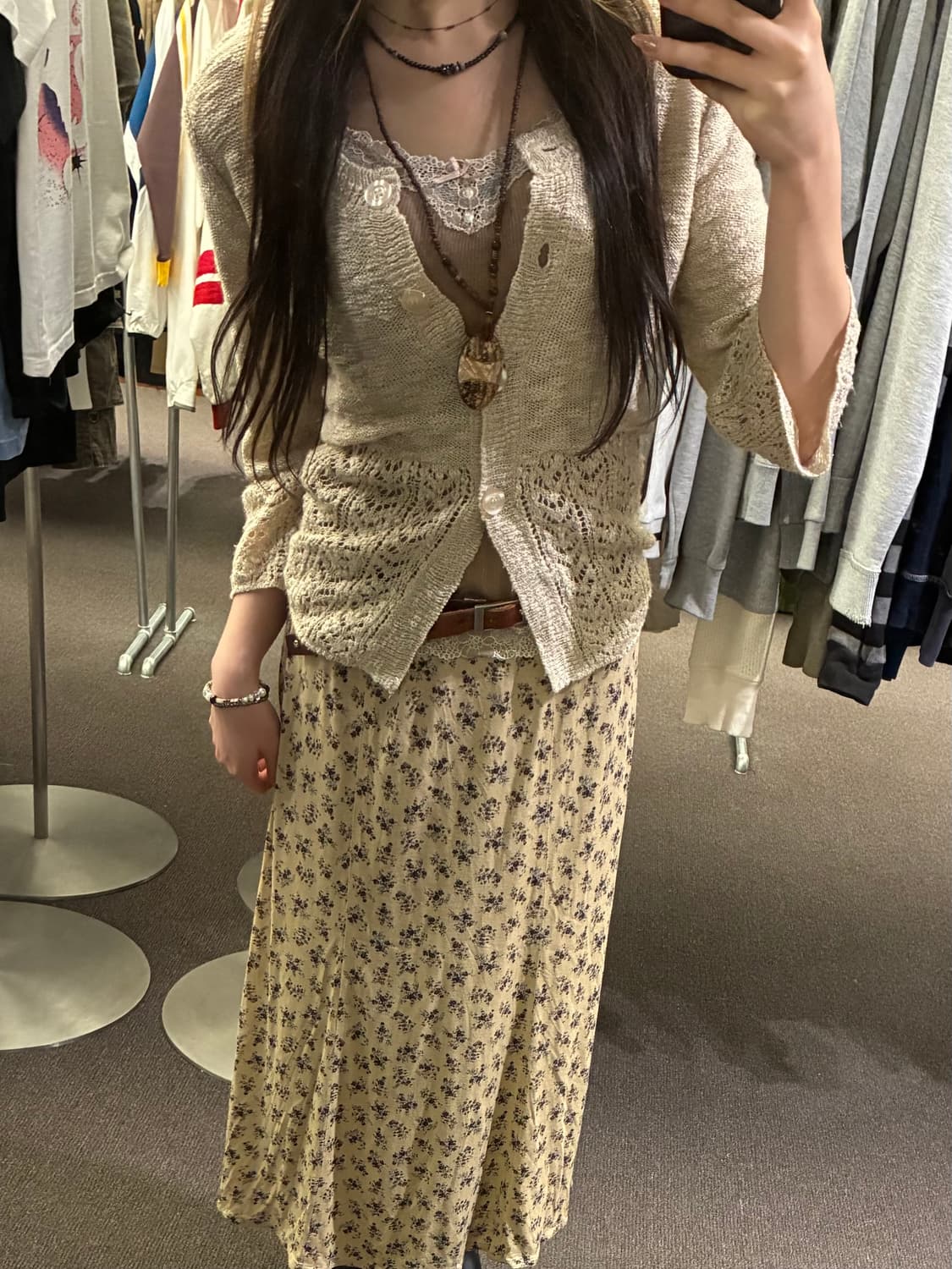 L)Japanese vintage 여성 레이스 리본 브라운 골지 나시 상품이미지7