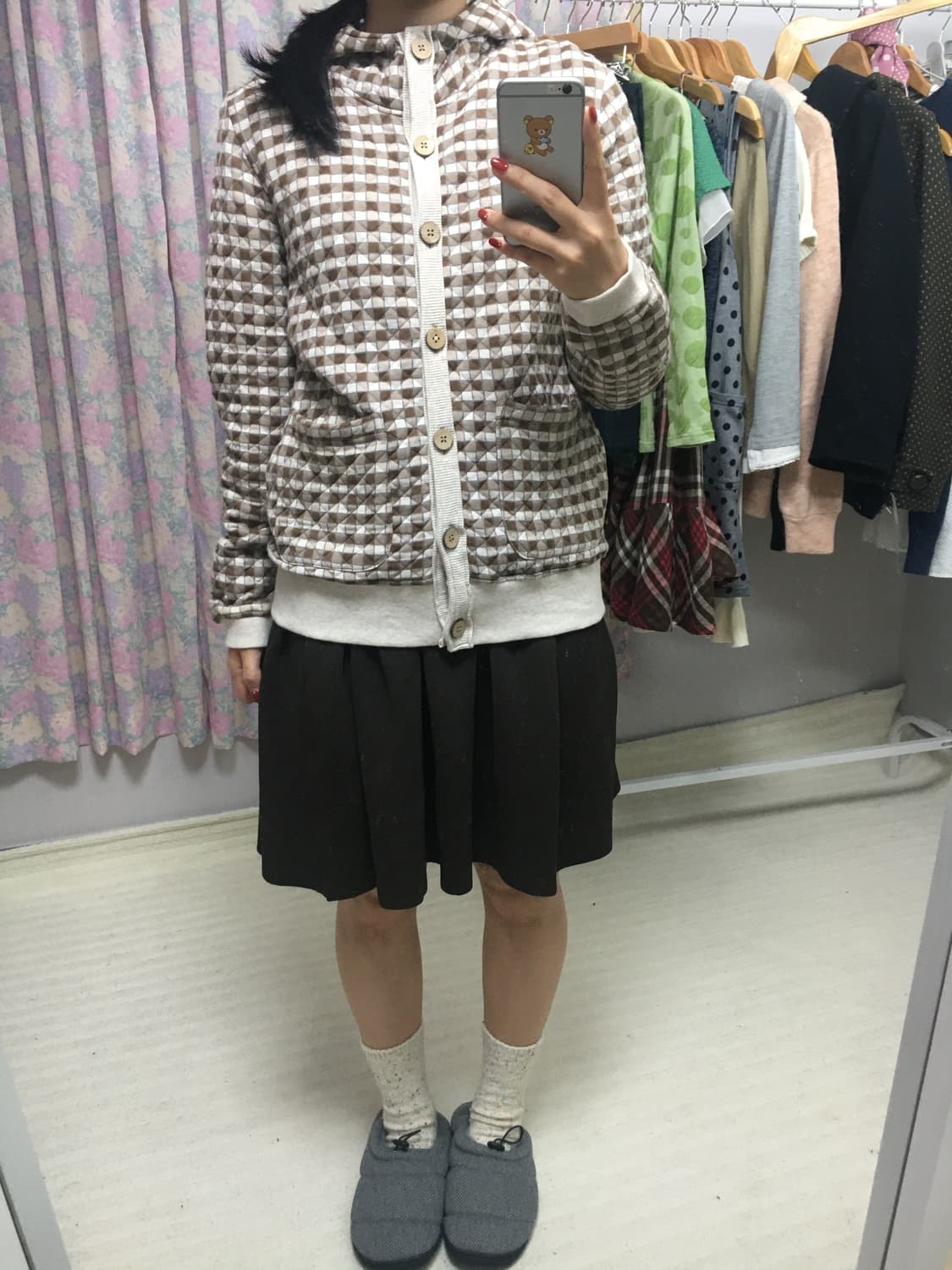 브라운 체크 누빔 후드 가디건 상품이미지4