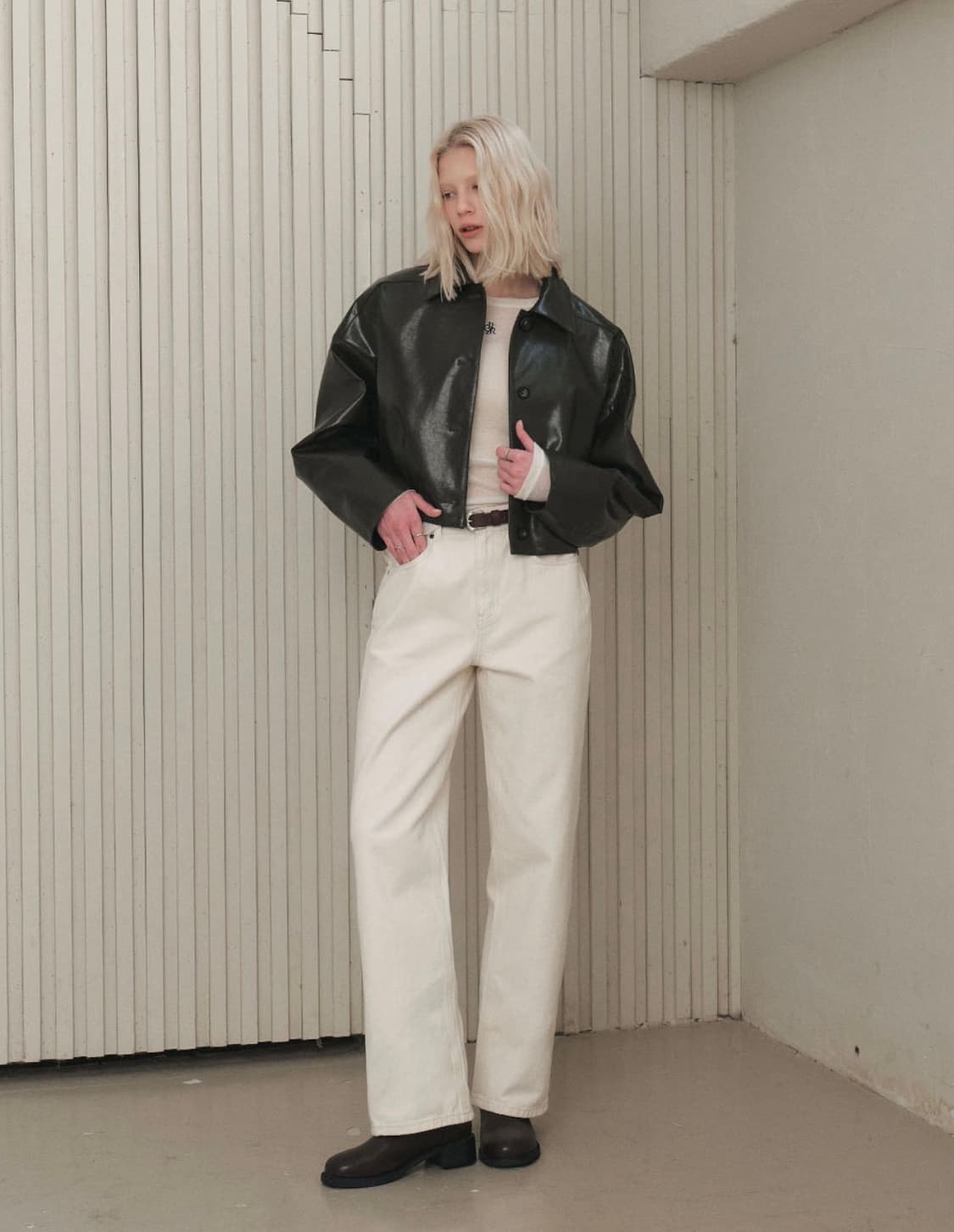 시티브리즈 비건 레더 크롭 자켓_KHAKI 상품이미지1