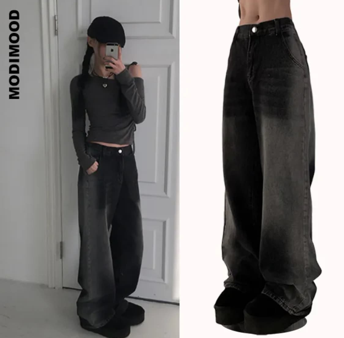 워싱 흑청 와이드 팬츠 상품이미지1