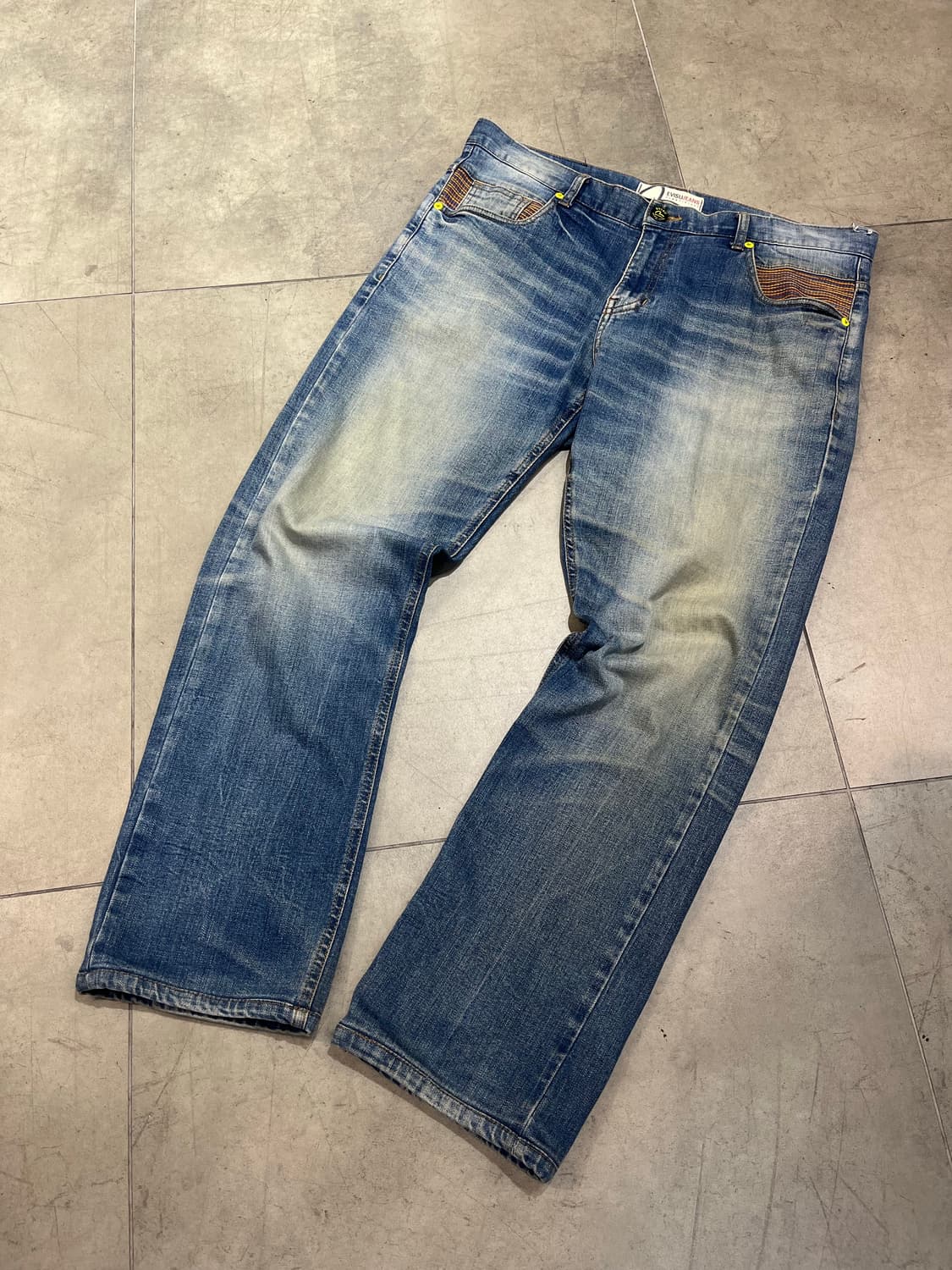 Evisu jeans 무지개 스티치 빈티지 워싱 와이드 데님 팬츠 상품이미지2