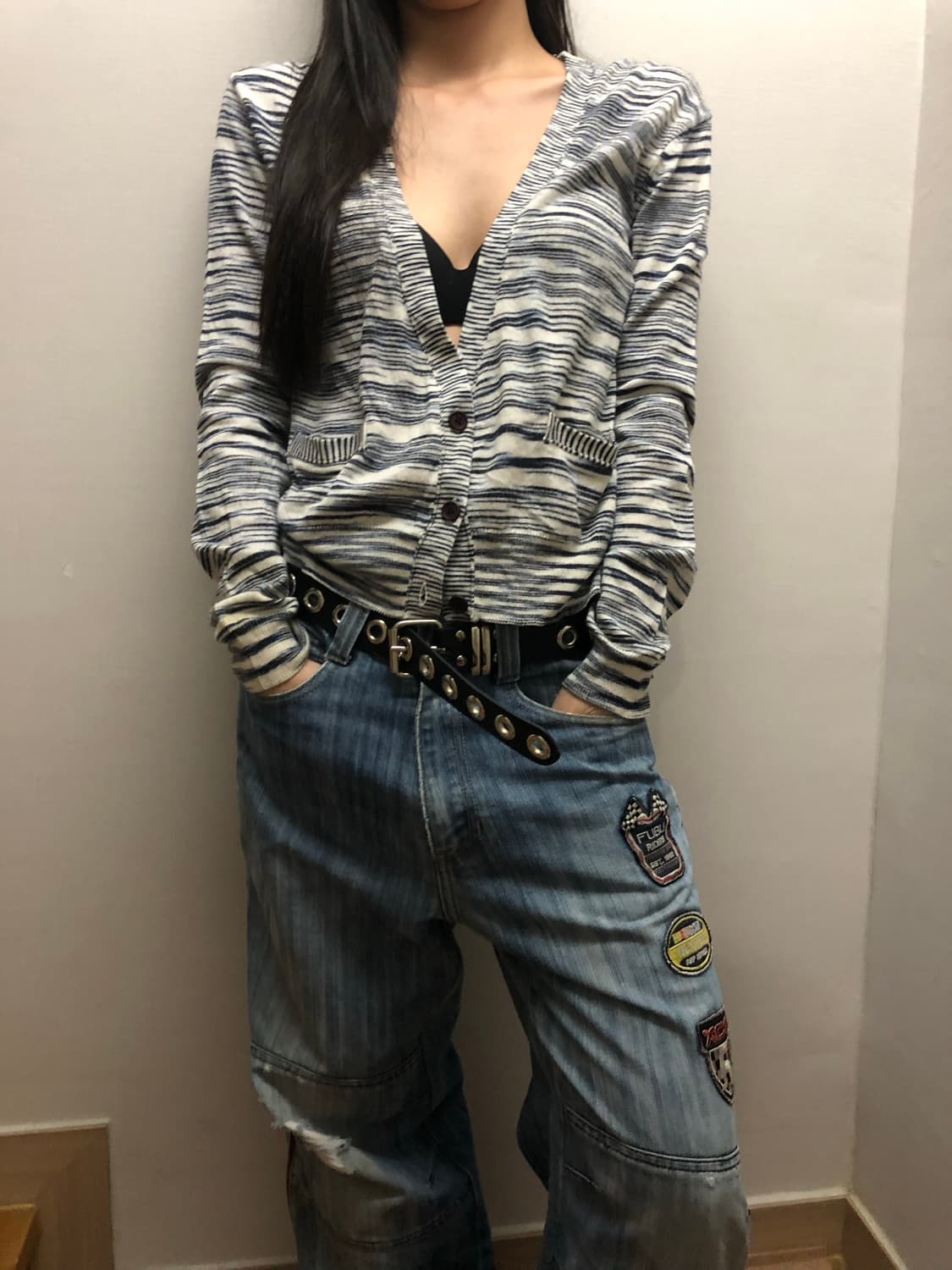 빈티지 코데즈컴바인 그레이 스트라이프 가디건 상품이미지2