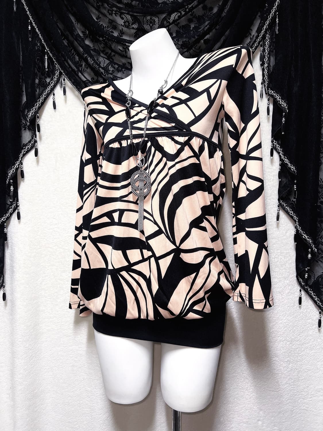 오네갸루 히메 로맨틱 로걀 기하학패턴 트임 아게하 벌룬원피스 섹시블라우스 상품이미지1