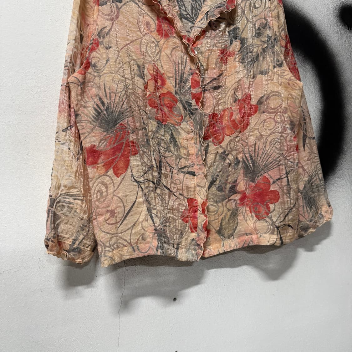 VTG 빈티지 뮤트톤 오리엔탈 플라워 패턴 오간자 시스루 블라우스 자켓 상품이미지4