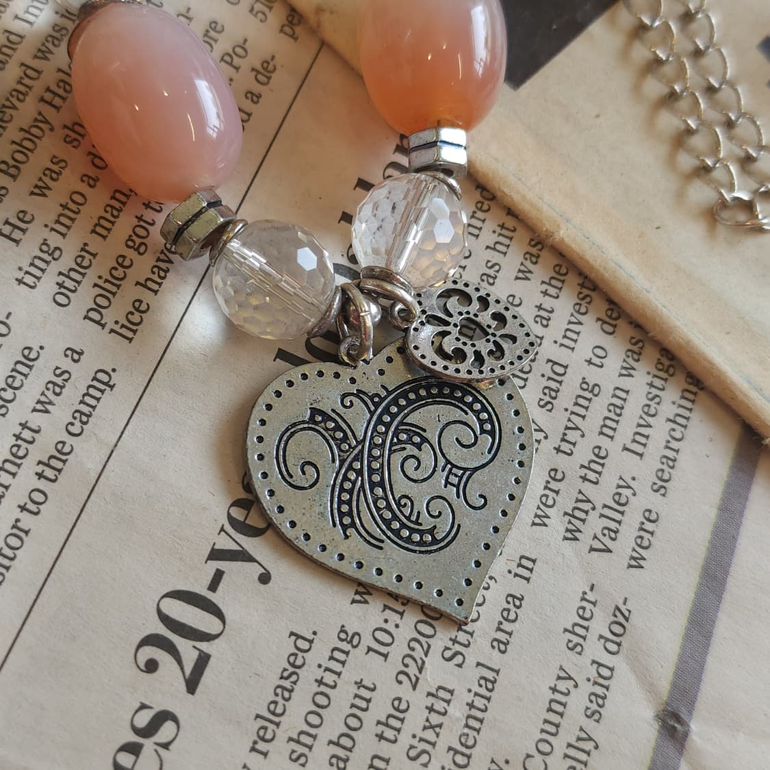 90s 프랑스 빈티지 에스닉 피치 원석 하트참 레이어드 목걸이 상품이미지3