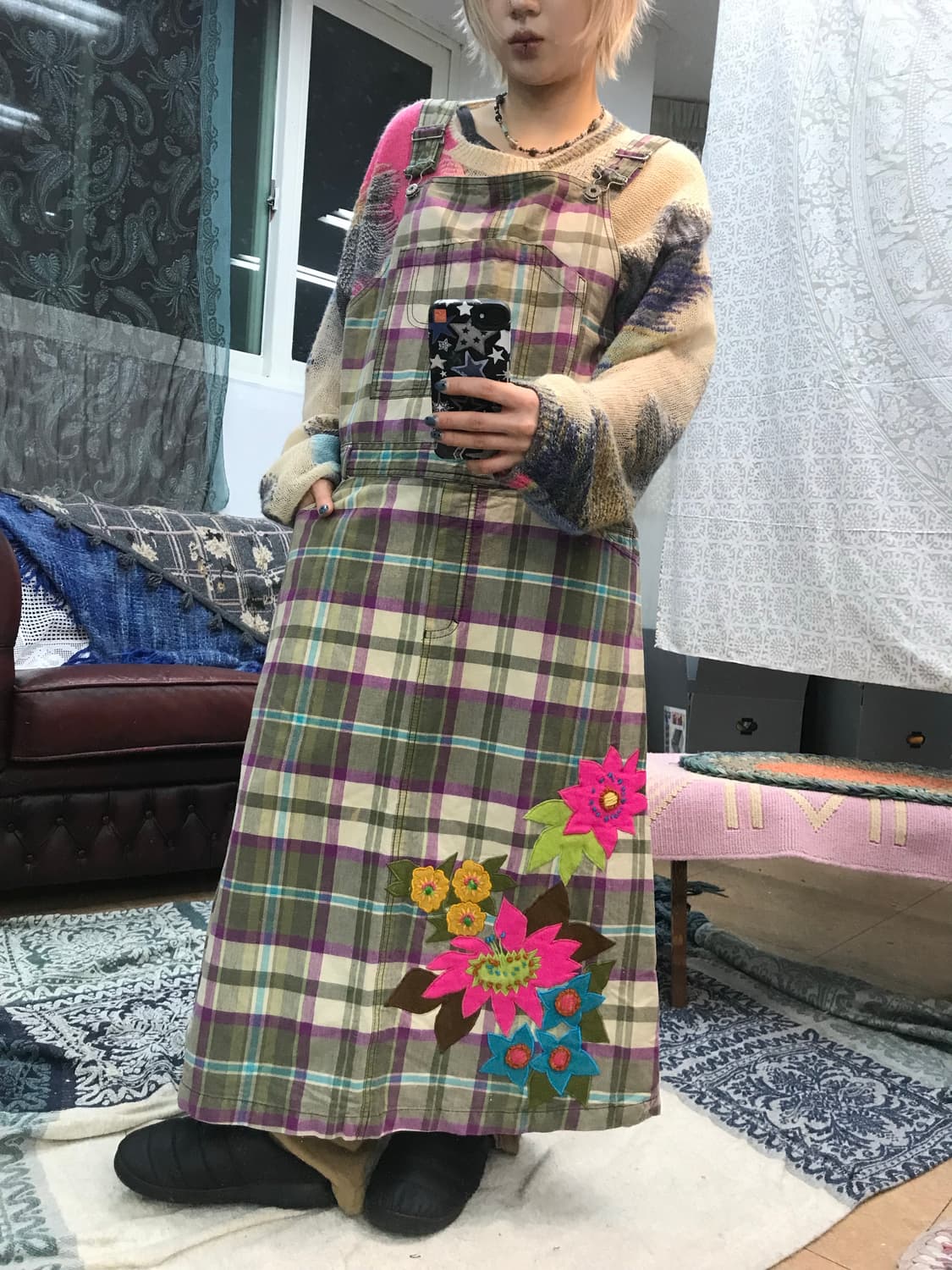 오일릴리 여성 패치 체크 멜빵스커트  상품이미지1