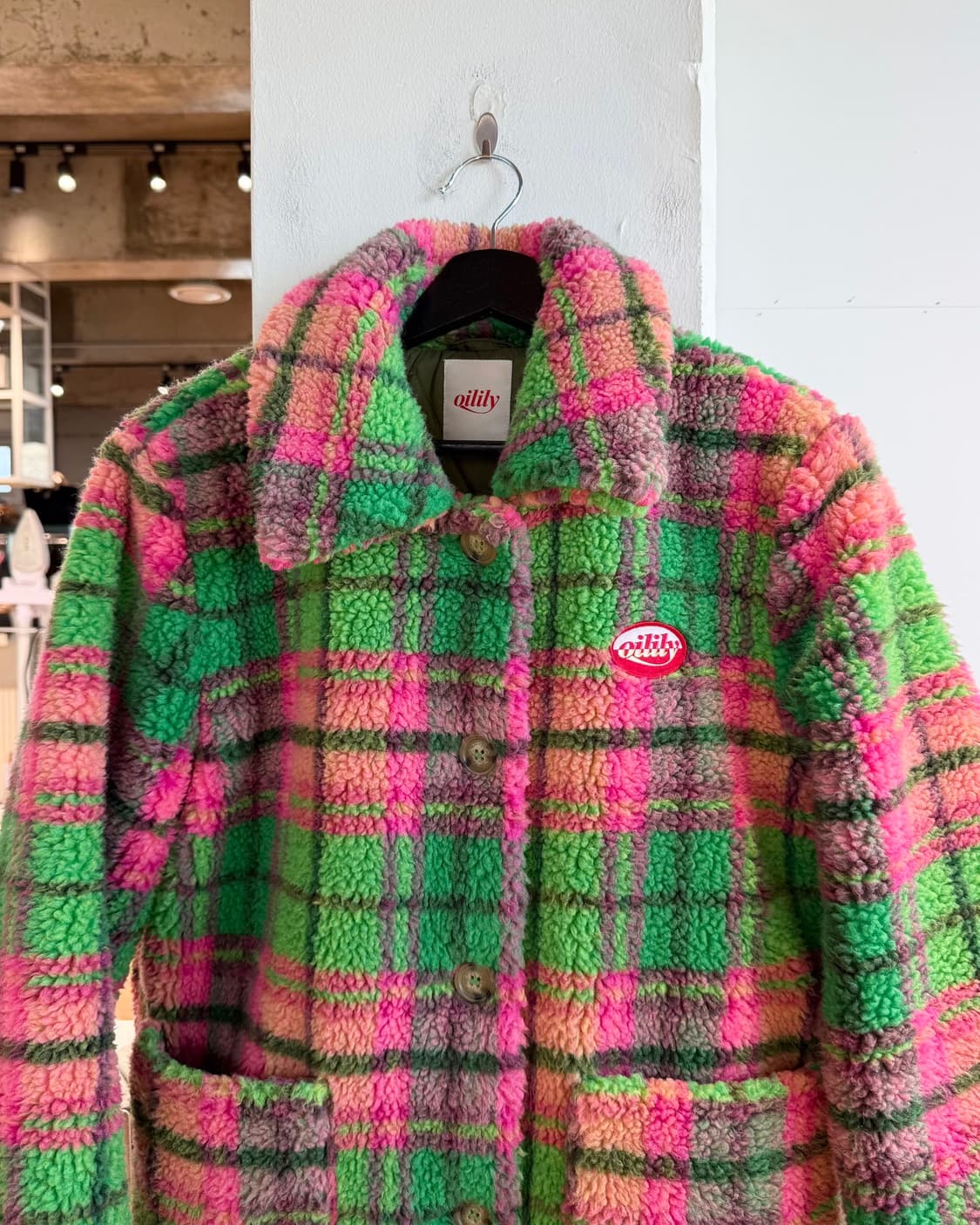 오일릴리 핑크 그린 체크 아크릴 플리스 자켓  상품이미지3