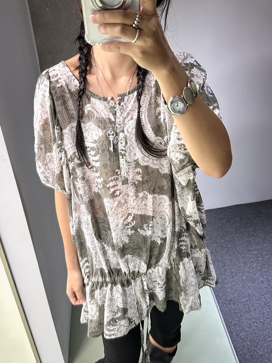vintage khaki printed long strap top 상품이미지4