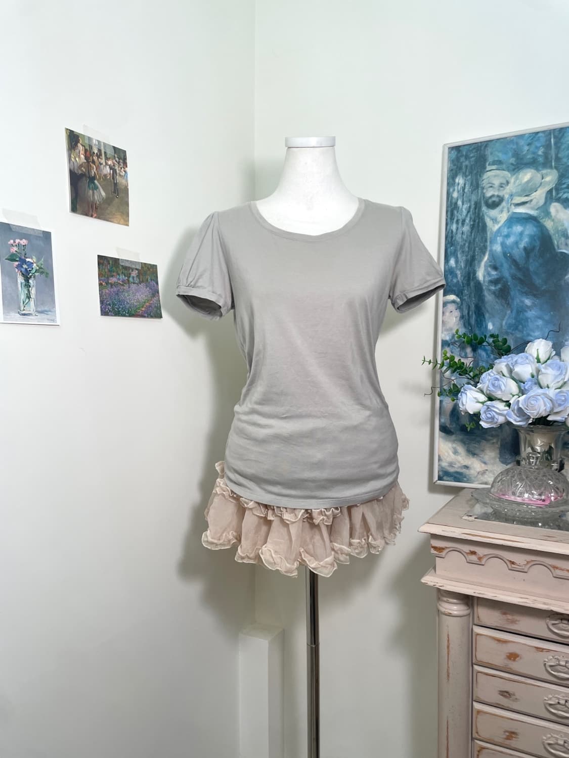 khaki gray basic cotton puff top(size-M) 상품이미지1