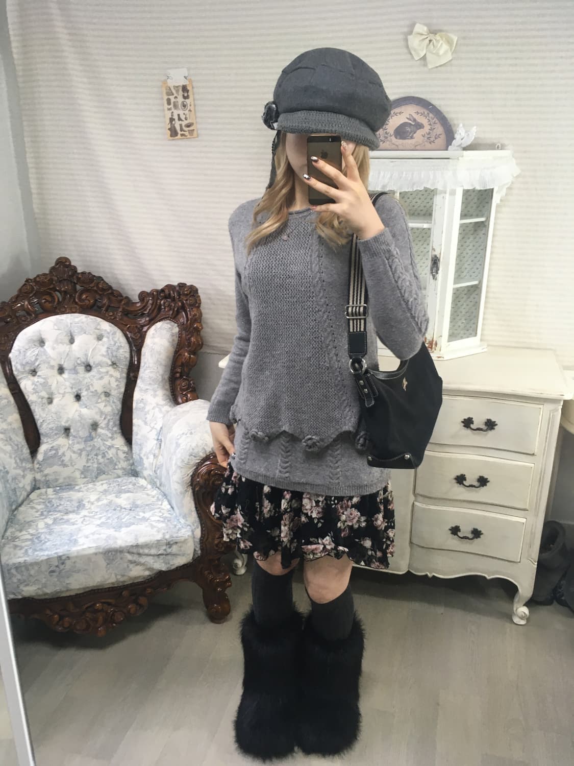 jpn vintage gray crochet flower layered  상품이미지2