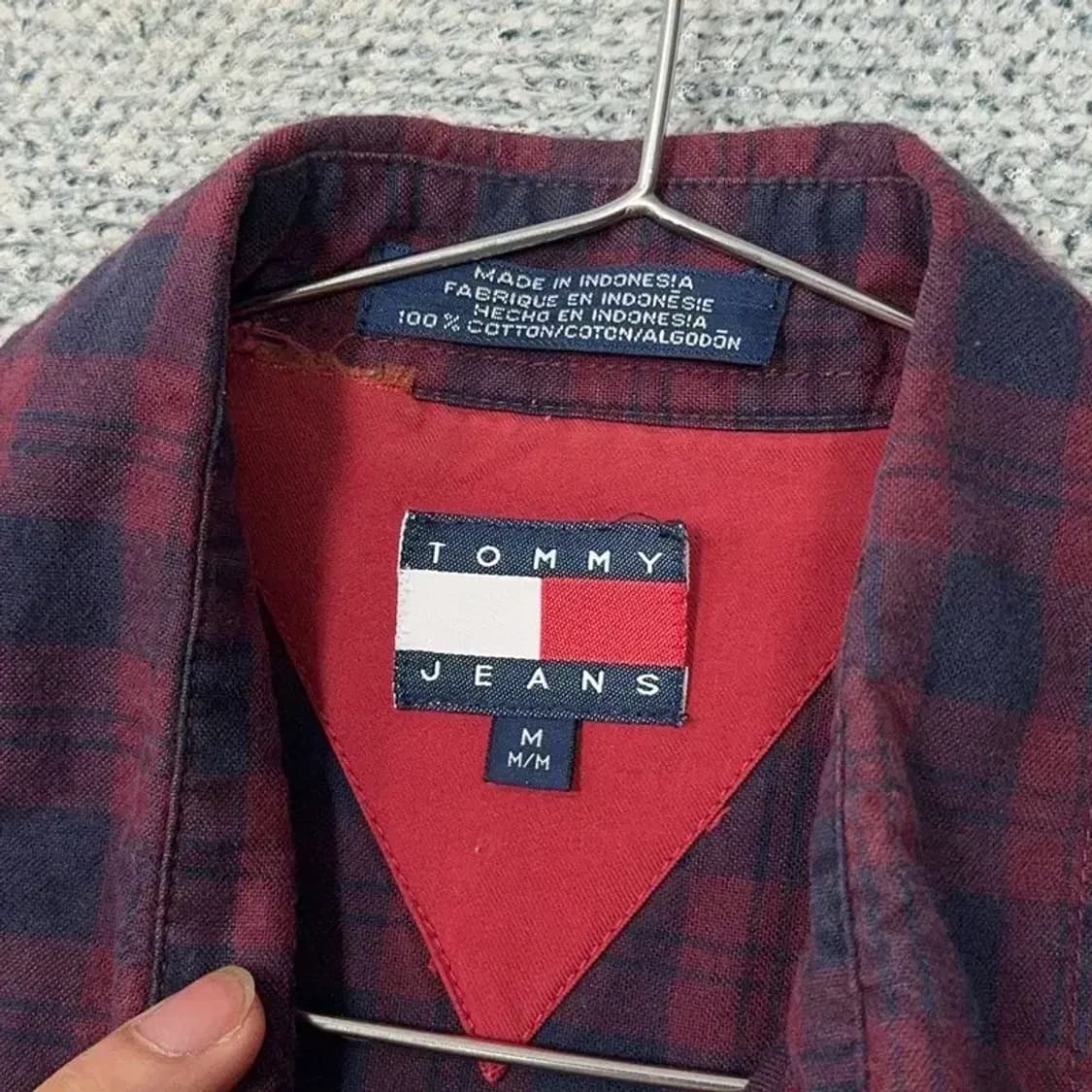 타미힐피거 빈티지 버건디 체크 반팔 셔츠 M 상품이미지3