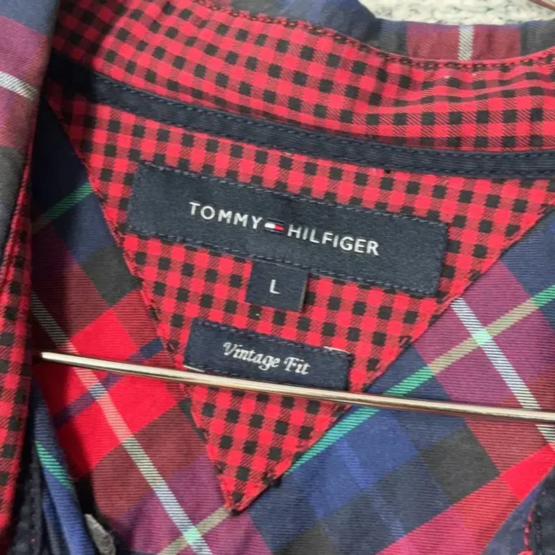 타미힐피거 빈티지 로고 남성 레드 체크 셔츠 L 상품이미지3