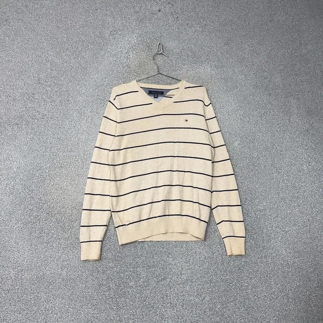 타미힐피거 로고 스트라이프 브이넥 코튼 니트 S 상품이미지1