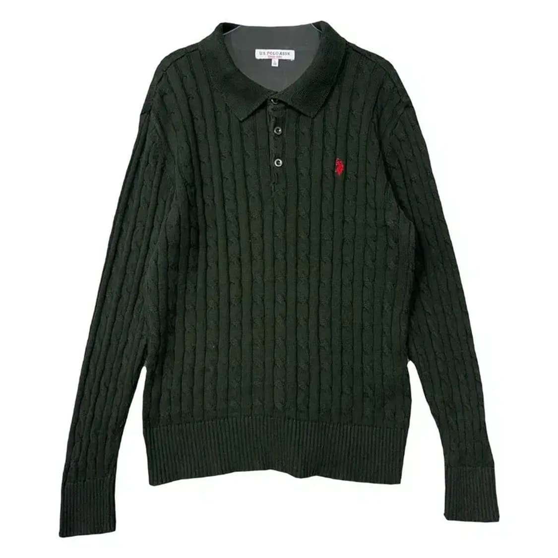 폴로아쎈 카키 로고 꽈배기 카라 니트 L 상품이미지1