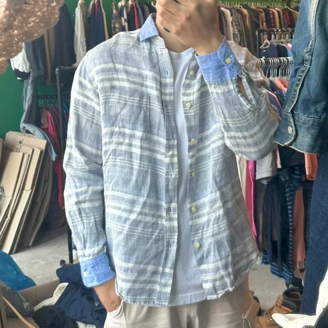 빔스 beams 린넨 스트라이프 셔츠 M 상품이미지1