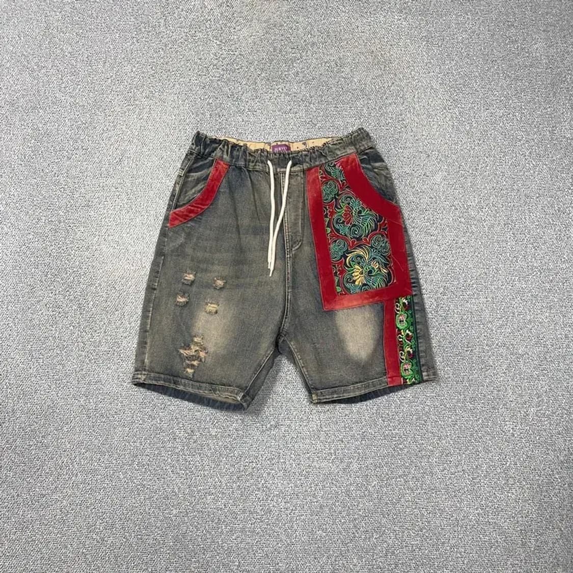 빈티지 자수 프린팅 데님 반바지 XL 상품이미지1