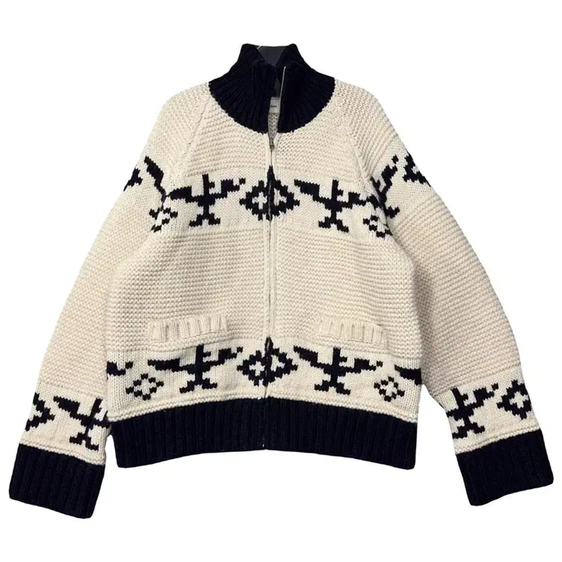 빈티지 패턴 크림 블랙 투톤 니트 집업 FREE 상품이미지1