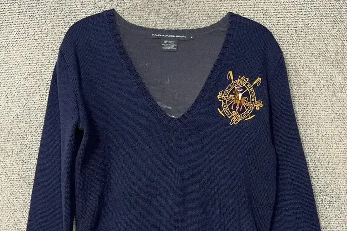 폴로 랄프로렌 금장 자수 브이넥 코튼 니트 M 상품이미지3