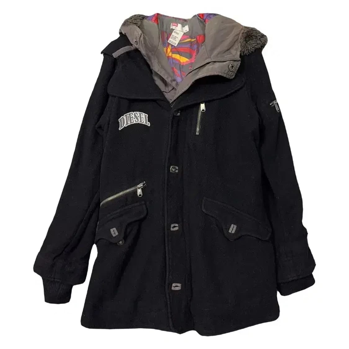 디젤 블랙 여성 Y2K 스펠 로고 울 후드 코트 XL 상품이미지1