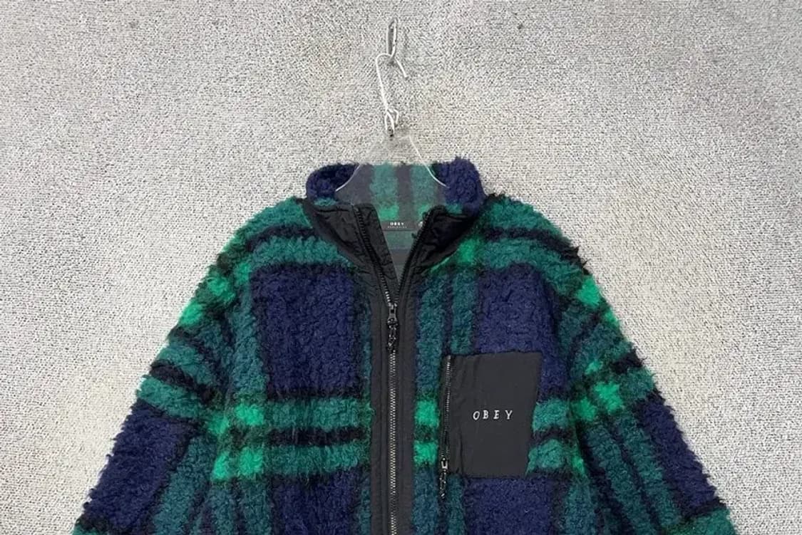 오베이 체크 블루 그린 뽀글이 후리스 집업 M 상품이미지3