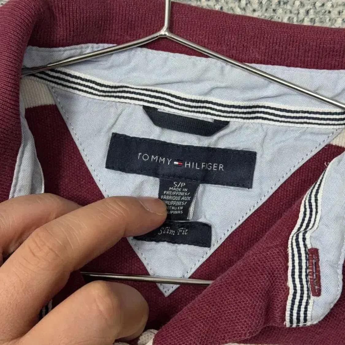 타미힐피거 로고 스트라이프 버건디 반팔 카라티 S 상품이미지5