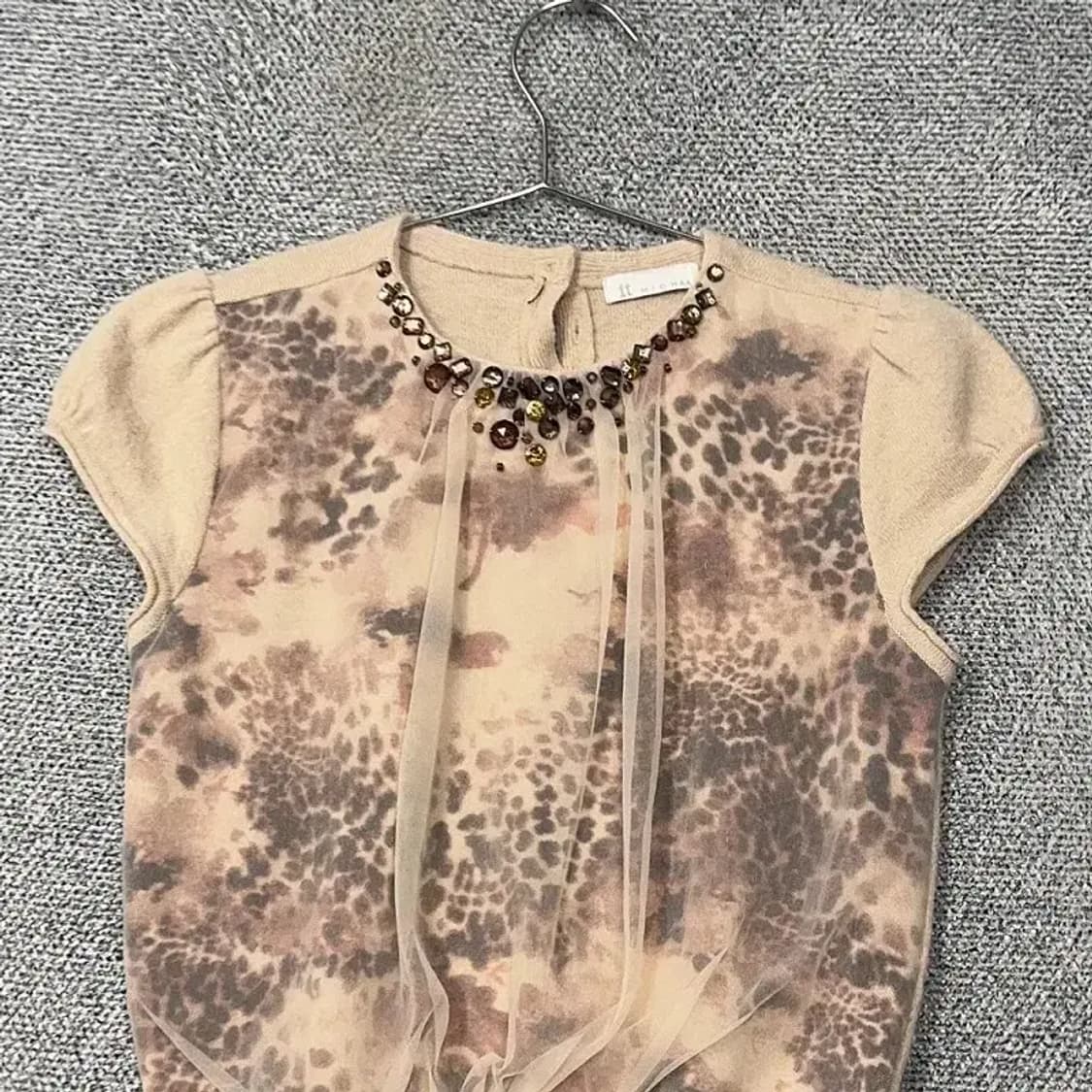 잇미샤 여성 빈티지 패턴 베이지 니트 반팔 82 상품이미지3