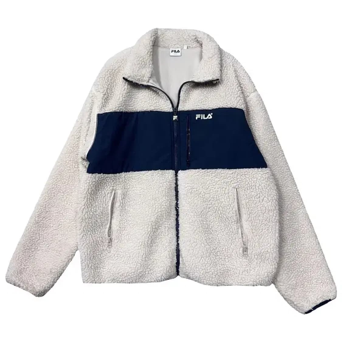 휠라 크림 화이트 양털 뽀글이 후리스 자켓 LARGE 상품이미지1