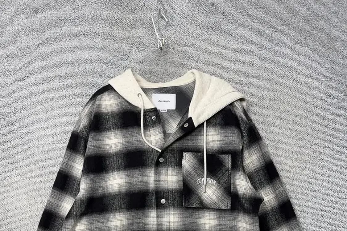 커버낫 체크 블랙 플란넬 버튼 후드 자켓 M 상품이미지3