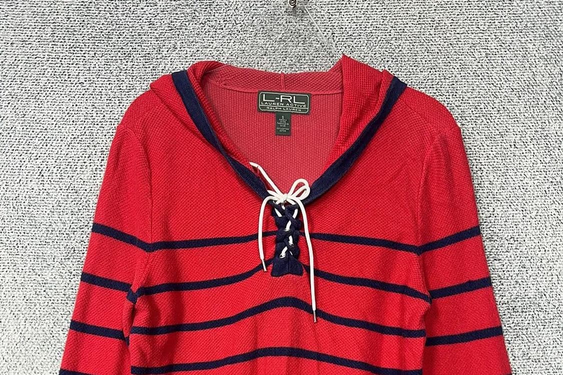 로렌 랄프로렌 단가라 Y2K 와플 코튼 스트라이프 레드 롱 후드 니트 S 상품이미지3