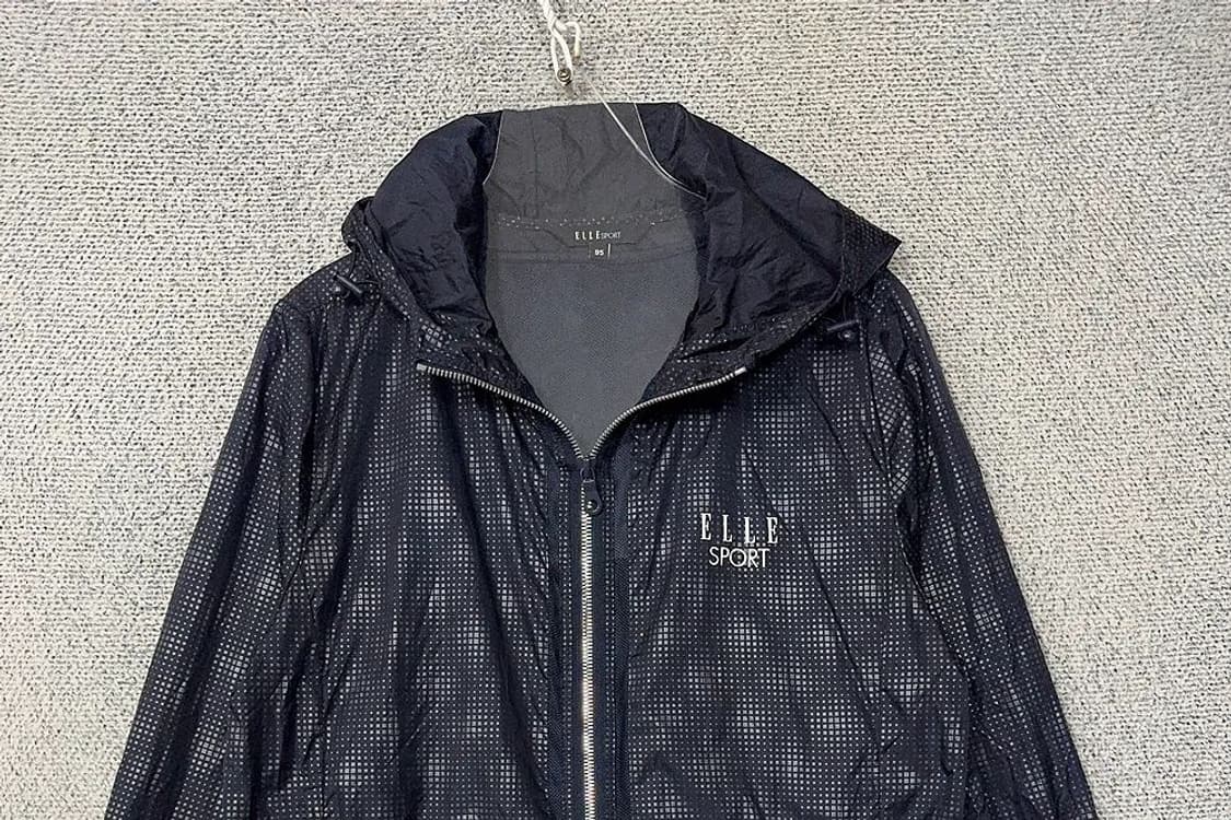 엘르 체크 네이비 로고 기능성 롱 후드 바람막이 95 상품이미지3
