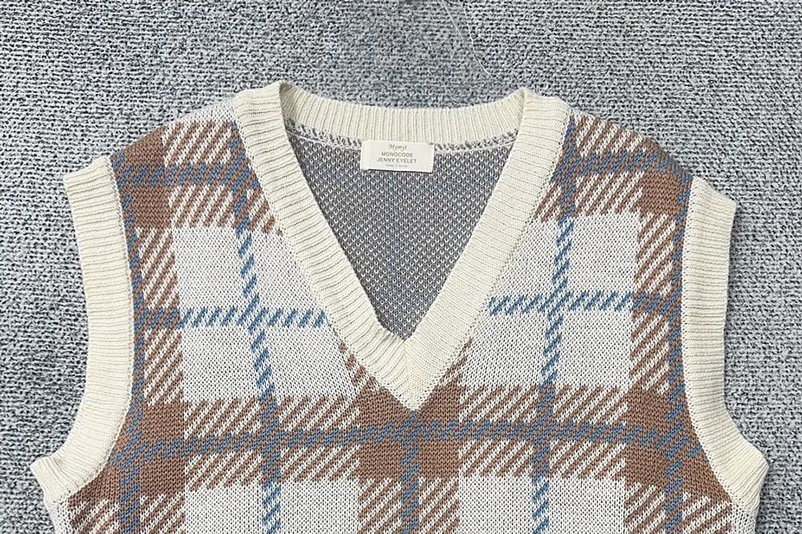 여성 캐주얼 체크 크림 니트 조끼 L 상품이미지3