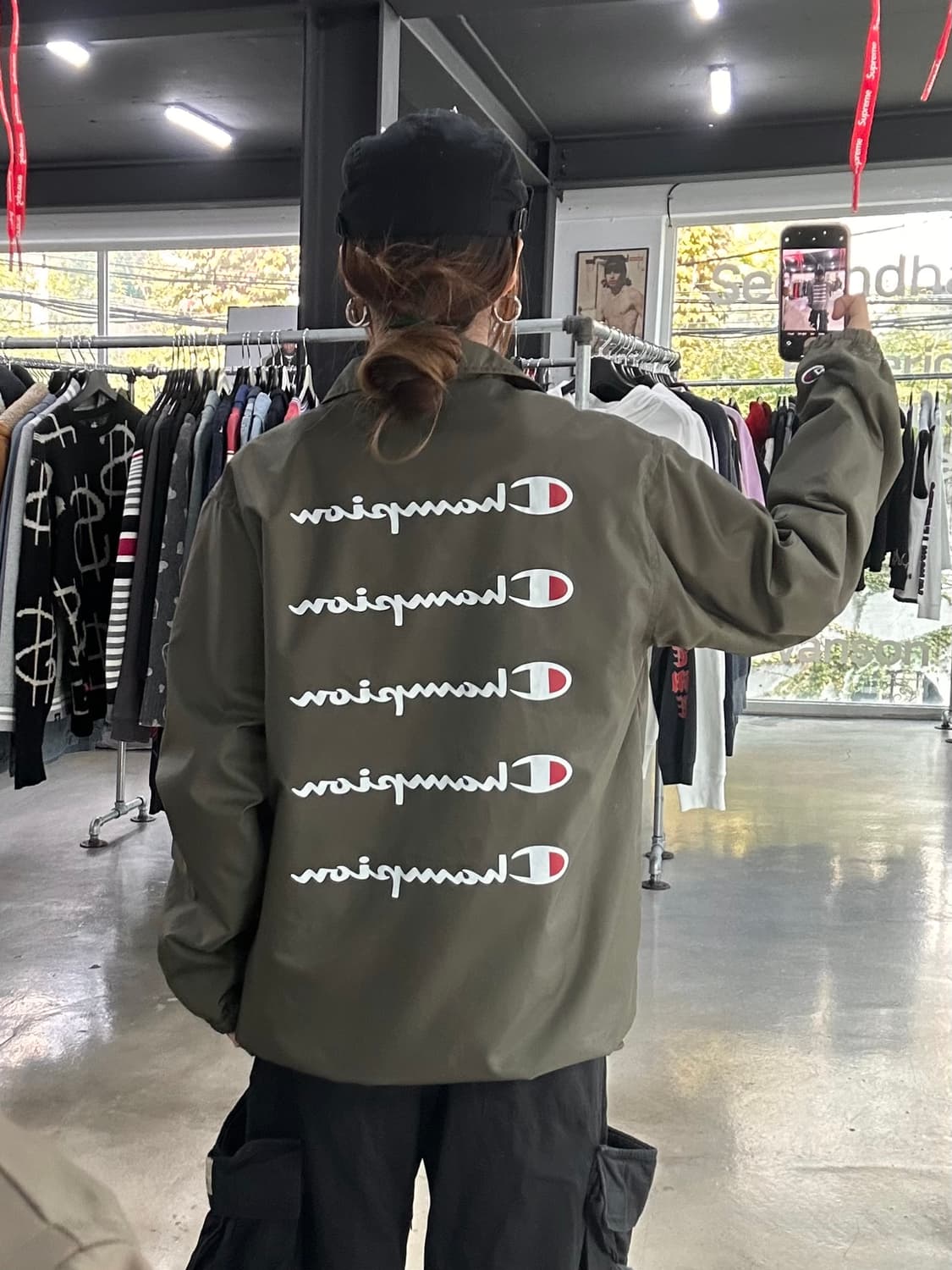 챔피온 백 빅로고 코치자켓 카키 상품이미지1