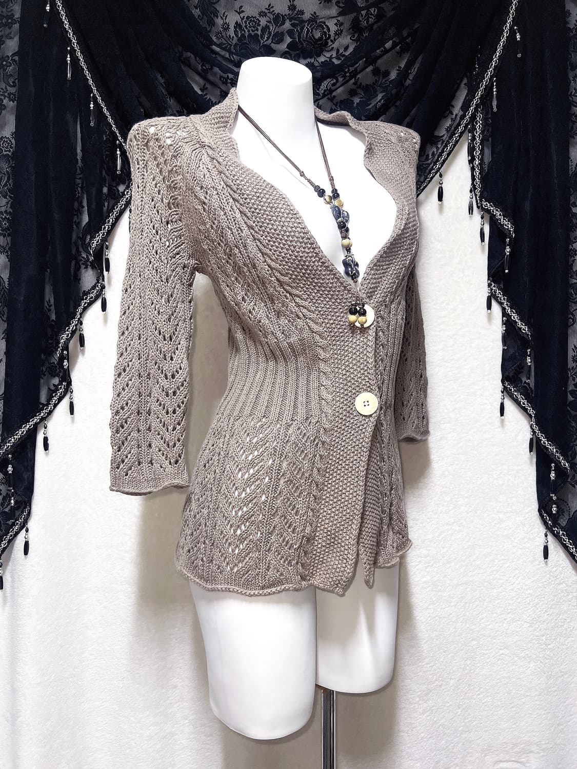 라떼갸루 모리걸 브라운 빈티지 니트 뜨개 가디건 7부 페어리 00s 핀터 상품이미지3