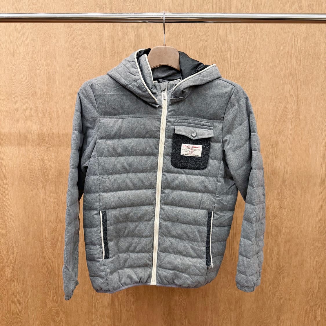 해리스 트위드 후드 퀄팅 패딩 자켓 풀 집업 포켓 패치 디테일 그레이 상품이미지2